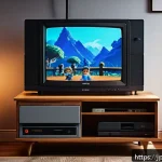 소니 비디오게임 콘솔의 히스토리 - A nostalgic scene of a classic 1990s living room featuring the original PlayStation console with its...