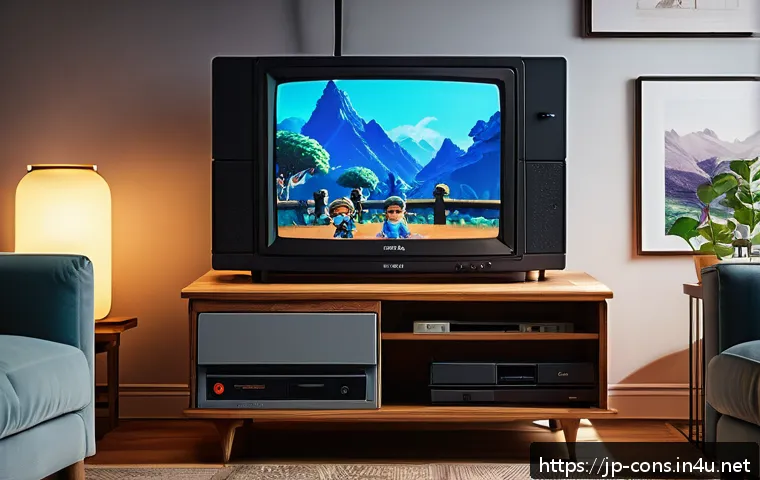 소니 비디오게임 콘솔의 히스토리 - A nostalgic scene of a classic 1990s living room featuring the original PlayStation console with its...
