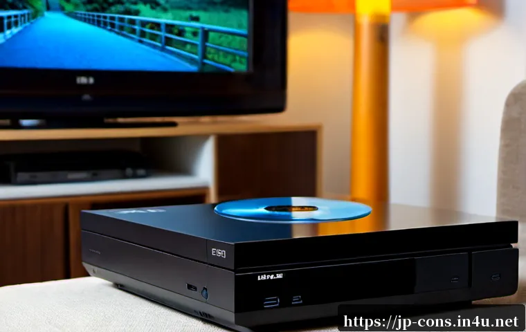 PS3 블루레이 플레이어 활용법 - Photorealistic living room scene of a sleek black early-2000s game console used as a Blu-ray player,...