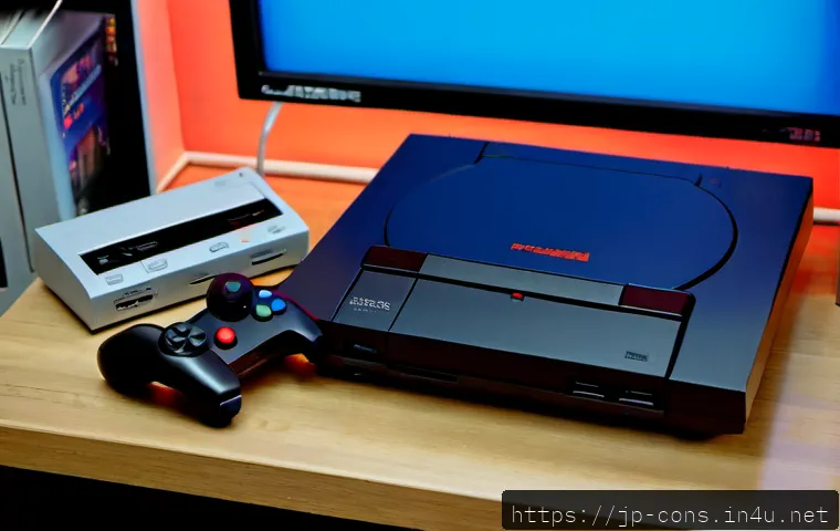SEGA의 게임 하드웨어 혁신 - Photorealistic editorial still life of pioneering 1990s Japanese video game hardware, a sleek black ...